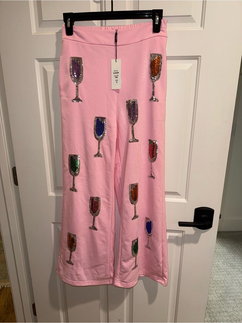 Pink Sequin Champagne Glass Wide-Leg Joggers